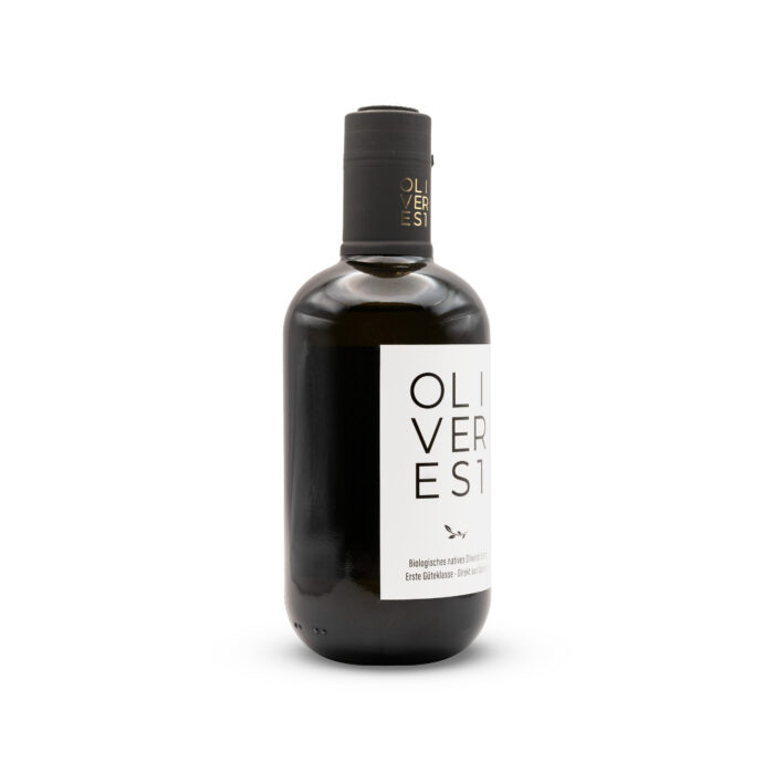 Seitenansicht der Falsche von Oliveres1 natives premium Olivenöl aus Spanien El Perelló