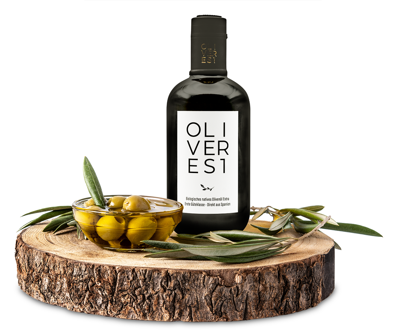 Oliveres1 Olivenflasche auf einer Scheibholz mit Oliven und Olivenblättern.